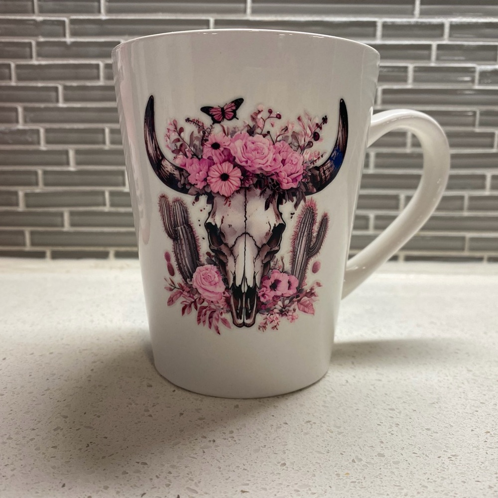 Floral Bull Skull Ceramic Mug - Pink Floral Design